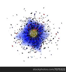 Explosion Cloud of Blue Pieces on White Background. Sharp Particles Randomly Fly in the Air.. Explosion Cloud of Blue Pieces. Sharp Particles Randomly Fly in the Air.