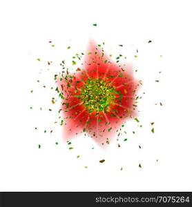 Explosion Cloud of Green Pieces on White Background. Sharp Particles Randomly Fly in the Air.. Explosion Cloud of Green Pieces. Sharp Particles Randomly Fly in the Air.