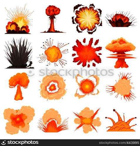 Explosion effect icons set. Cartoon illustration of 16 explosion effect vector icons for web. Explosion effect icons set, cartoon style