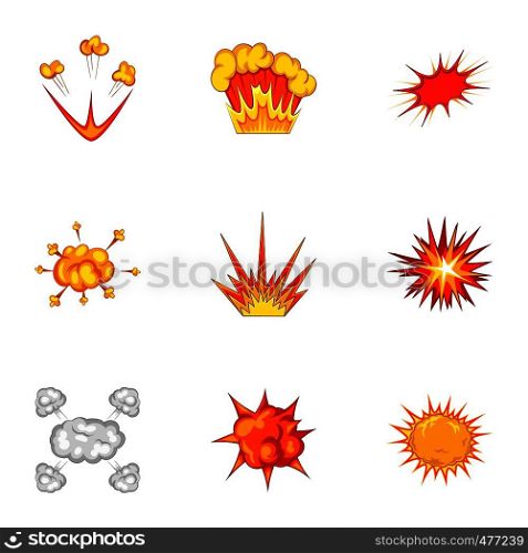 Explosion effect icons set. Cartoon set of 9 explosion effect vector icons for web isolated on white background. Explosion effect icons set, cartoon style