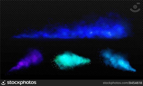 Explosion effect with clouds of smoke, dust and sand isolated on transparent background. Texture of blue powder splash, flying smog with particles, vector realistic set. Explosion effect with clouds of smoke, dust