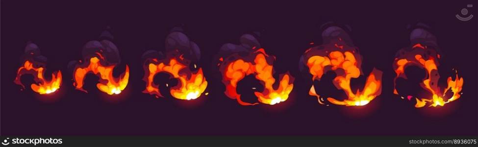 Explosion fire animation set on black background. Vector cartoon illustration of flame burning with cloud of smoke. Bomb blast, war attack, accident crash, manmade disaster effect. Sprite sheet. Explosion fire animation set on black background