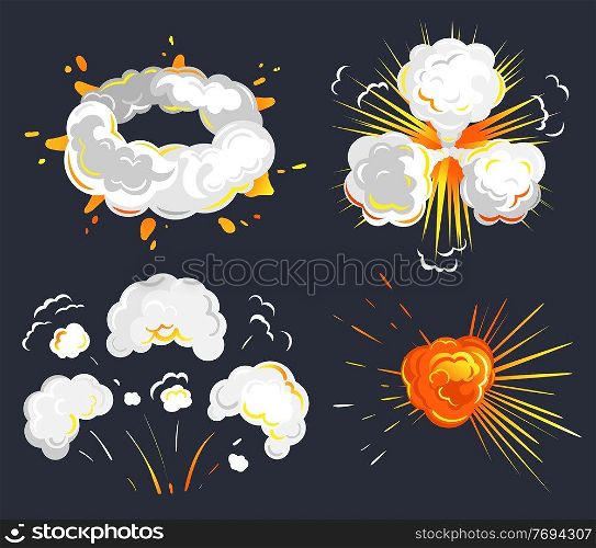 Explosion fire set with white clouds of toxic smoke. Collection of launched splash and motion destruction cartoon symbol for game. Creative idea with burst smoke and flame icon element vector. Bomb Toxic Smoke and Fire with Clouds Set Vector