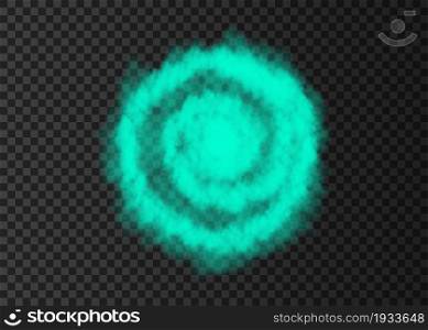 Explosion. Green smoke circle. Color spiral fog track isolated on transparent background. Realistic vector cloud or steam texture.