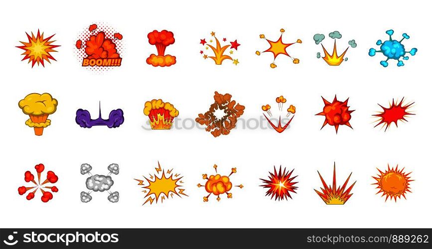 Explosion icon set. Cartoon set of explosion vector icons for your web design isolated on white background. Explosion icon set, cartoon style