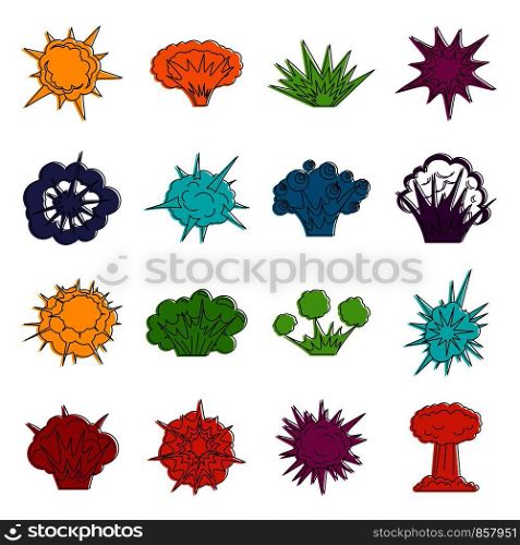 Explosion icons set. Doodle illustration of vector icons isolated on white background for any web design. Explosion icons doodle set