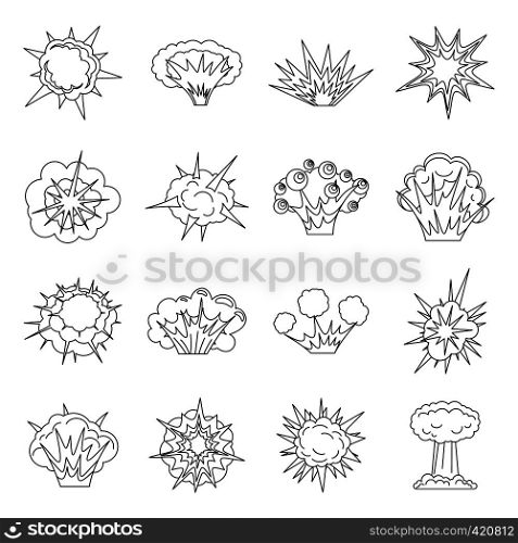 Explosion icons set. Outline illustration of 16 explosion vector icons for web. Explosion icons set, outline style
