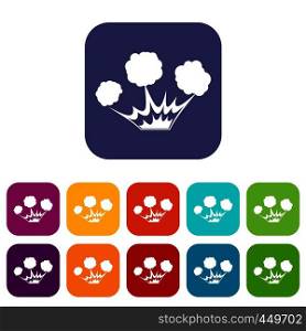 Explosion icons set vector illustration in flat style In colors red, blue, green and other. Explosion icons set flat