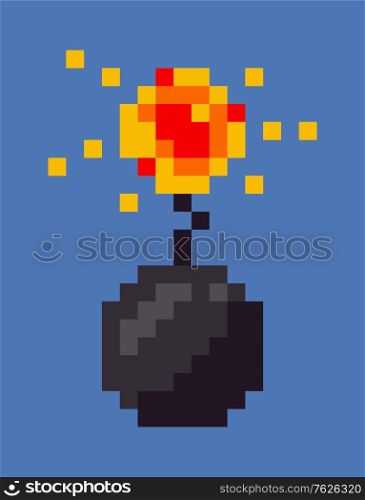 Explosion of bomb vector, isolated military weapon icon in flat style, pixel art game weaponry design of 8bit, pixelated dangerous object designed in retro. Bomb Explosion Pixel Icon, Explosive Sign Vector