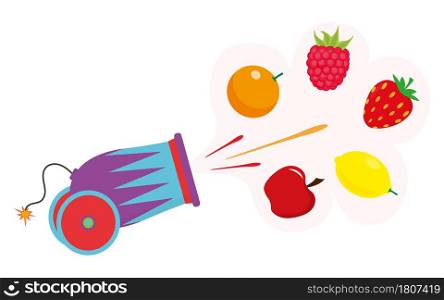 Explosion of fruit, fruit cartoon gun, hot fruit.