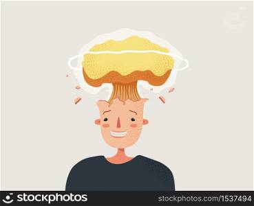 Explosion of head. Strong stress and information overload detonates characters head with nuclear charge bright creative idea angry at flat of colleagues and business vector clients.. Explosion of head. Strong stress and information overload detonates characters head.