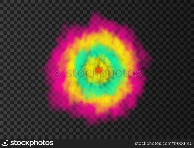 Explosion. Pink, green, yellow smoke circle. Color spiral fog track isolated on transparent background. Realistic vector cloud or steam texture.
