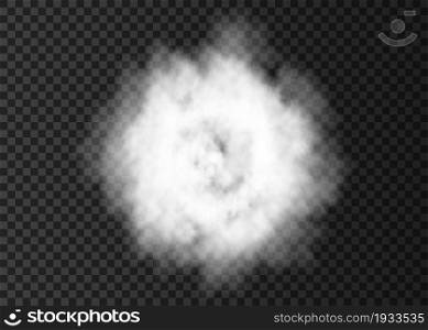 Explosion. White smoke circle. Spiral fog track isolated on transparent background. Realistic vector cloud or steam texture.