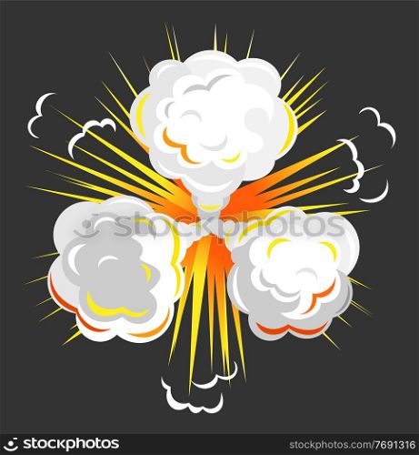 Explosion with three clouds of dust and ash. Isolated bang in motion with bright fire, radial bursting. Powerful chemical outburst of energy. Vector illustration of dangerous burst in flat style. Explosion with Cloud or Dust and Ash, Bright Bang