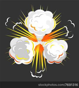 Explosion with three clouds of dust and ash. Isolated bang in motion with bright fire, radial bursting. Powerful chemical outburst of energy. Vector illustration of dangerous burst in flat style. Explosion with Cloud or Dust and Ash, Bright Bang