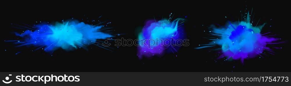 Explosions of blue powder, paint dust with particles. Vector realistic set of colored ink splashes, burst effect of powder clouds, splatter and spray isolated on black background. Explosions of blue powder, paint dust