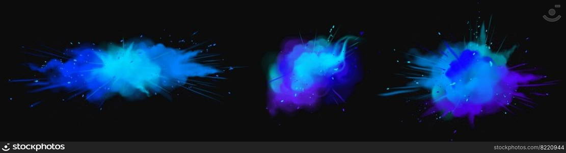 Explosions of blue powder, paint dust with particles. Vector realistic set of colored ink splashes, burst effect of powder clouds, splatter and spray isolated on black background. Explosions of blue powder, paint dust