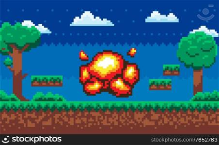 Explosive bomb on pixel game scene vector, night background area for arcade. Trees and clouds soil and layers of grounds with grass, summer style. Pixel Game Scene with Danger, Explosive Substance