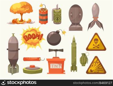 Explosive lethal weapon cartoon illustration set. Bomb, mine, TNT, hand grenade, missile, dynamite pack, firecracker, danger sign with skull. Military equipment, army, war, threat concept