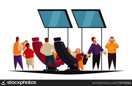 Expo stand concept with game space symbols flat isolated vector illustration