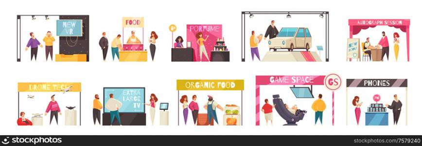 Expo stand set with trade show symbols flat isolated vector illustration