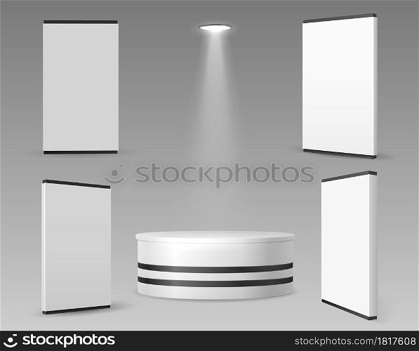 Expo wall and stand. Realistic 3D panels for exhibition or showroom. Event, ads or business trade empty equipment mockup. Blank displays vector illustration. Empty realistic white panel. Expo wall and stand. Realistic 3D panels for exhibition or showroom. Event, ads or business trade empty equipment mockup. Blank displays vector illustration