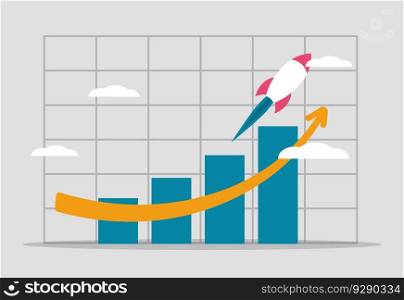 Exponential growth in company revenues and investments. Earnings graph is growing up. Sales increase, financial report. Business rocket flies up on the chart. Vector illustration concept