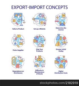 Export and import business concept icons set. Entrepreneurship idea thin line color illustrations. Isolated outline drawings. Editable stroke. Roboto-Medium, Myriad Pro-Bold fonts used. Export and import business concept icons set