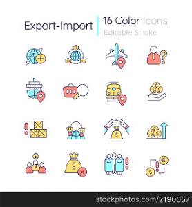 Export and import business RGB color icons set. International trading. Isolated vector illustrations. Simple filled line drawings collection. Editable stroke. Quicksand-Light font used. Export and import business RGB color icons set