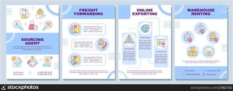 Export and import ideas brochure template. Transporting abroad. Leaflet design with linear icons. 4 vector layouts for presentation, annual reports. Arial-Black, Myriad Pro-Regular fonts used. Export and import ideas brochure template