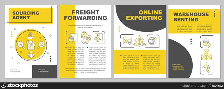 Export and import ideas yellow brochure template. Transporting abroad. Leaflet design with linear icons. 4 vector layouts for presentation, annual reports. Arial-Black, Myriad Pro-Regular fonts used. Export and import ideas yellow brochure template