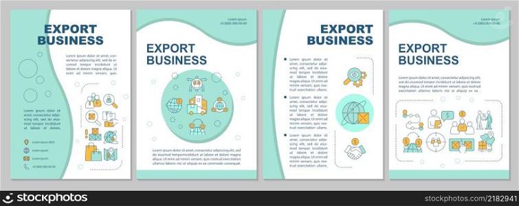 Export business mint brochure template. International sales. Leaflet design with linear icons. 4 vector layouts for presentation, annual reports. Arial-Black, Myriad Pro-Regular fonts used. Export business mint brochure template