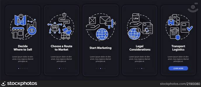 Export business tips night mode onboarding mobile app screen. Walkthrough 5 steps graphic instructions pages with linear concepts. UI, UX, GUI template. Myriad Pro-Bold, Regular fonts used. Export business tips night mode onboarding mobile app screen