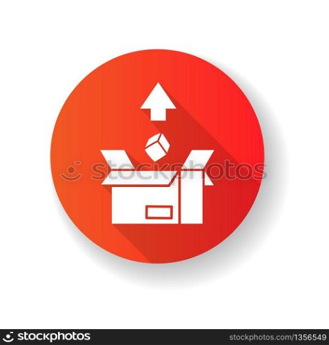 Export red flat design long shadow glyph icon. Merchandise in cardboard box. Mail, logistics, parcel sending. Commerce, international delivery service. Silhouette RGB color illustration