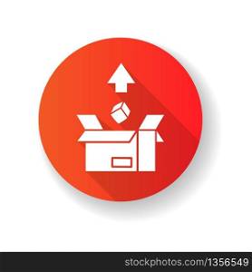 Export red flat design long shadow glyph icon. Merchandise in cardboard box. Mail, logistics, parcel sending. Commerce, international delivery service. Silhouette RGB color illustration