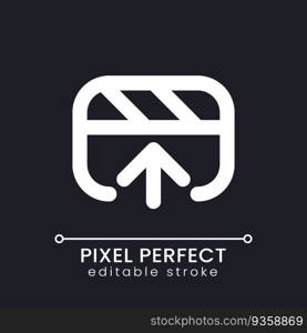 Export video file pixel perfect white linear ui icon for dark theme. Save footage to storage. Software tool. Vector line pictogram. Isolated user interface symbol for night mode. Editable stroke. Export video file pixel perfect white linear ui icon for dark theme