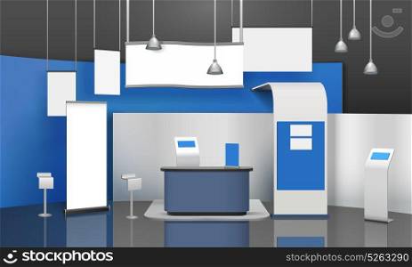 Exposition Stand Mockup Composition. Advertising exhibition stand mockup 3D composition with blank projection display cards and lamps suspended from ceiling vector illustration