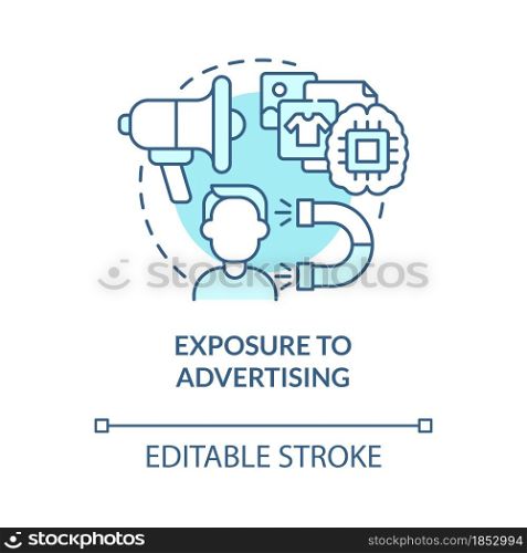 Exposure to advertising blue concept icon. People buy more when see ads. Excessive buying. Commercials abstract idea thin line illustration. Vector isolated outline color drawing. Editable stroke. Exposure to advertising blue concept icon