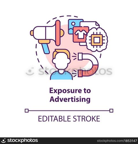 Exposure to advertising concept icon. People buy more when see ads. Excessive buying. Commercials impact abstract idea thin line illustration. Vector isolated outline color drawing. Editable stroke. Exposure to advertising concept icon