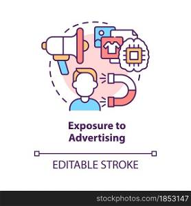 Exposure to advertising concept icon. People buy more when see ads. Excessive buying. Commercials impact abstract idea thin line illustration. Vector isolated outline color drawing. Editable stroke. Exposure to advertising concept icon