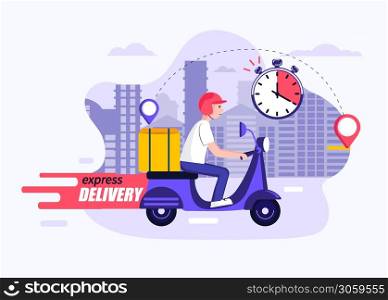 Express and free delivery in time by scooter,concept.Fast food and other shipping service for websites and apps.Vector illustration of quick and express deliver.Advertise for restaurants,caffees,shops. Express and free delivery in time, concept.