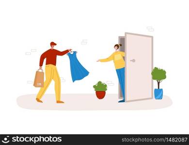 Express clothes delivery concept - fast delivery or shipping of parcels to home to front door, courier service with safe distance - flat cartoon vector. Courier with dress and happy woman. Safe delivery concept - covid-19