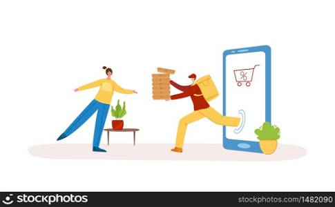 Express daily food or parcels delivery and online shopping concept - fast shipping to home, courier delivery commercial service - flat cartoon vector isolated on white background. Safe delivery and online shopping concept