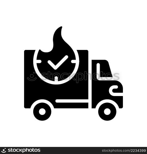 Express delivery black glyph icon. Urgent shipment and logistics service. Purchase transportation. Online shopping. Silhouette symbol on white space. Solid pictogram. Vector isolated illustration. Express delivery black glyph icon