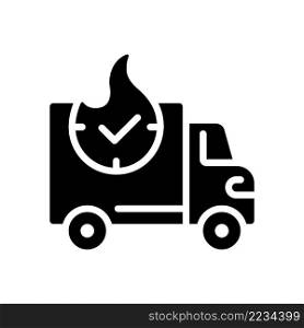 Express delivery black glyph icon. Urgent shipment and logistics service. Purchase transportation. Online shopping. Silhouette symbol on white space. Solid pictogram. Vector isolated illustration. Express delivery black glyph icon
