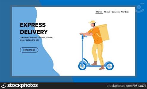 Express Delivery Service Man Riding Scooter Vector. Courier Ride Scooter And Delivering Order In Yellow Backpack, Express Delivery Business. Character Web Flat Cartoon Illustration. Express Delivery Service Man Riding Scooter Vector