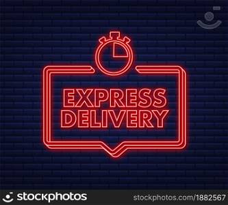 Express delivery service neon icon. Fast time delivery order with stopwatch. Vector stock illustration. Express delivery service neon icon. Fast time delivery order with stopwatch. Vector stock illustration.