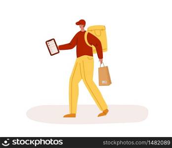 Express delivery service - safe delivery of products, meal for whole week or parcels to home, funny man or courier in uniform with box or package - flat cartoon vector isolated on white background.. Safe delivery and online shopping concept
