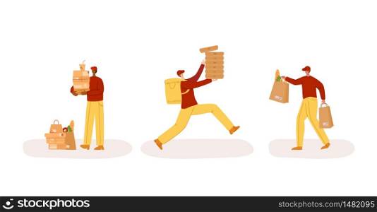Express delivery service - safe delivery of products, meal for whole week or parcels to home, funny men or couriers in uniform with box or package - flat cartoon vector isolated on white background.. Safe delivery and online shopping concept
