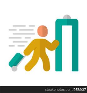 Express entry flat design long shadow yellow color icon. Passenger passing x-ray check at airport. Security check. Body scan machine. Express path facility. Vector silhouette illustration